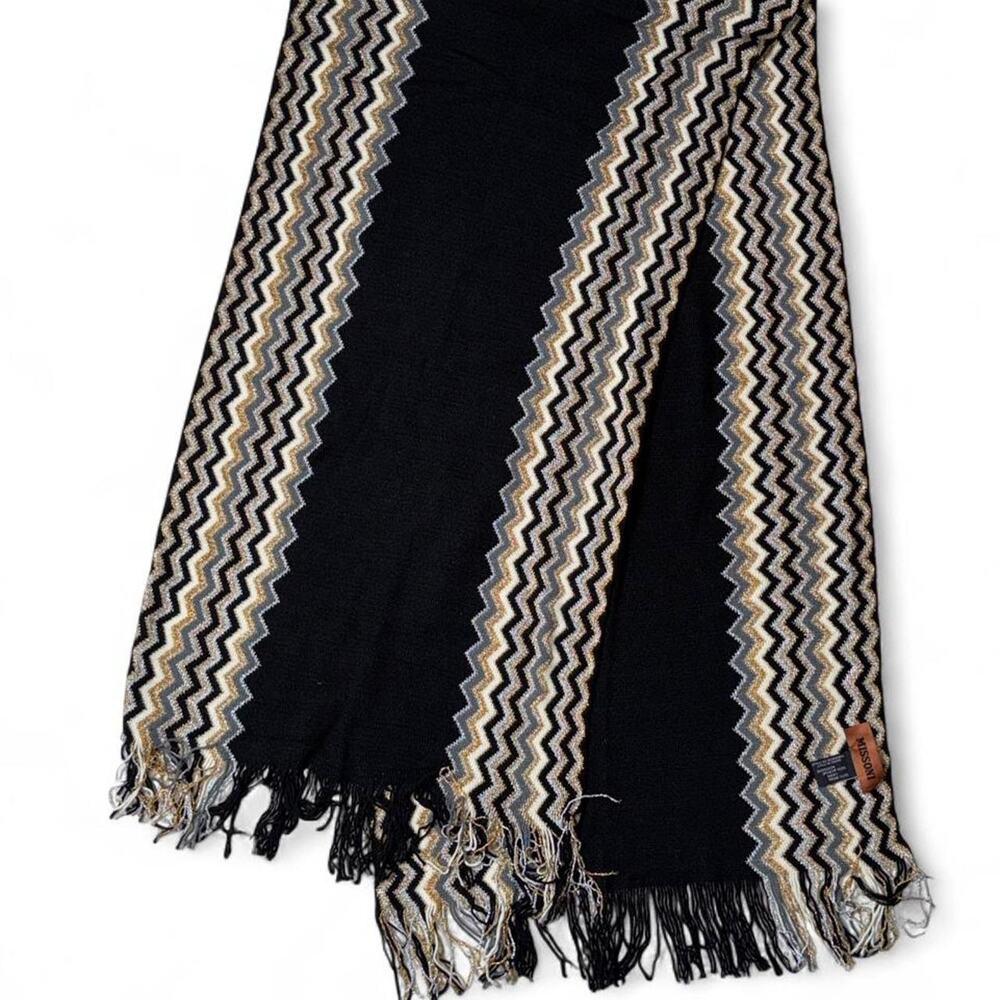 MISSONI Italy Signature Chevron Zigzag Wool Blend Fringe Scarf Black Gold